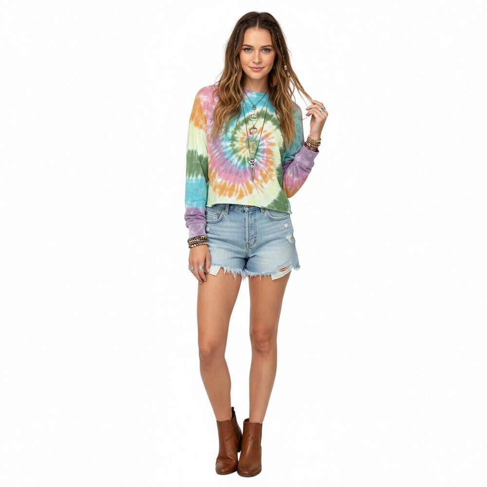 Daydreamer Free People Rainbow Spiral Tie Dye Cropped T-Shirt Long Slv Size XS